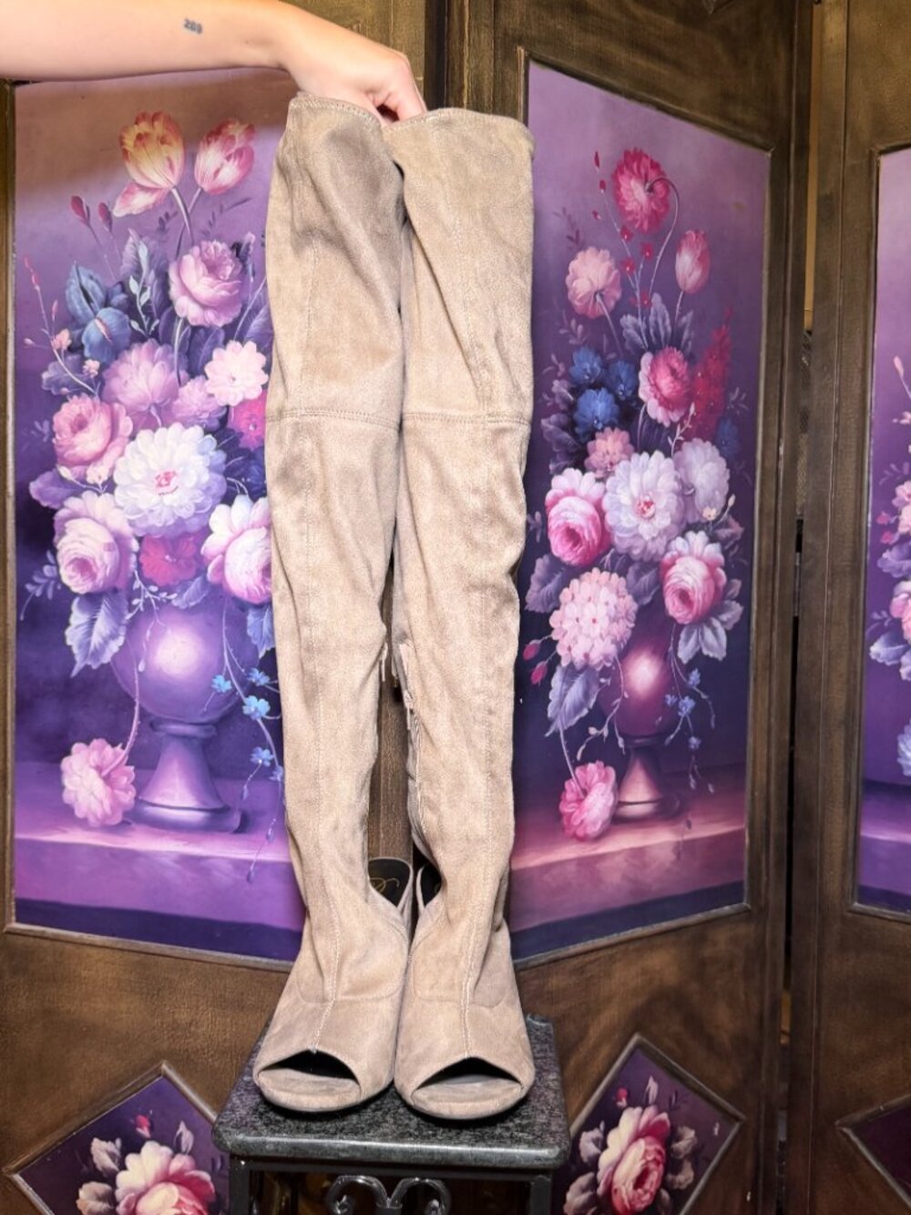 Wild Diva Lounge Size 10 Taupe Faux Suede OTK Peep Toe Cutout Heel Boots